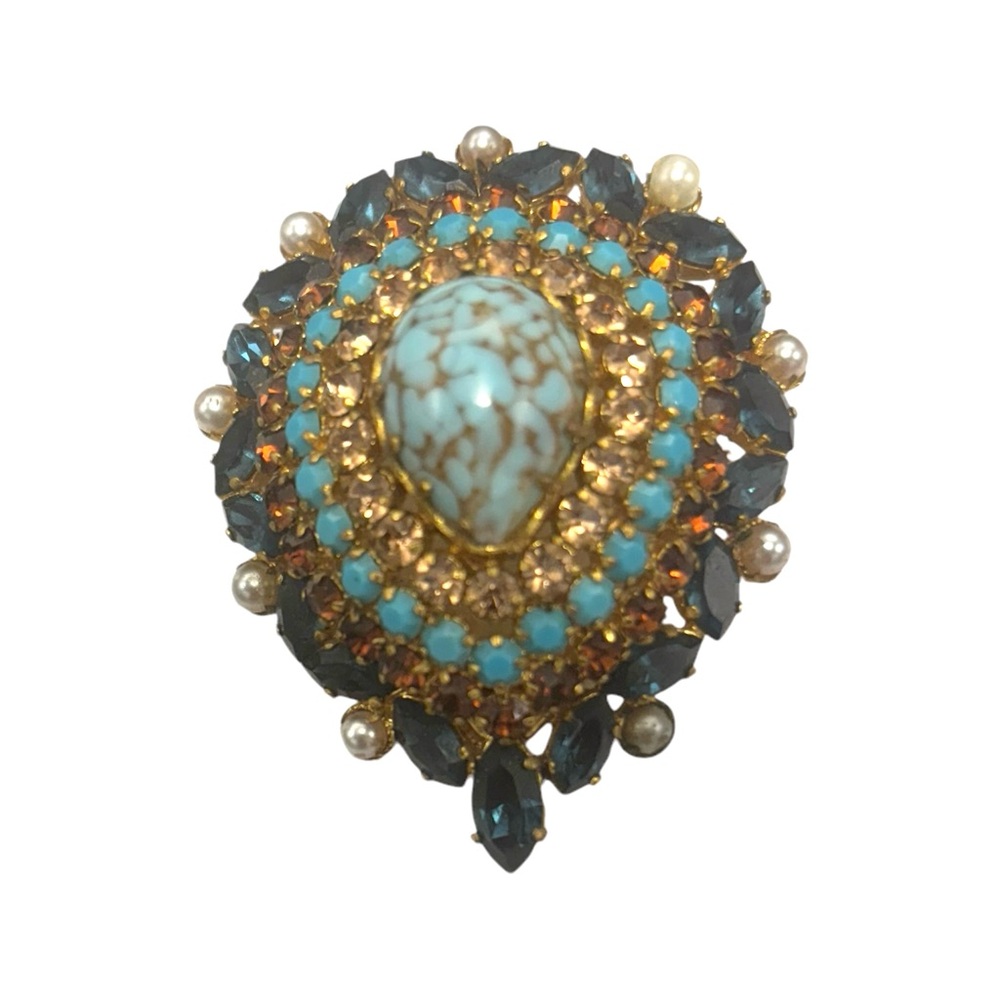 Vintage Juliana Style Brooch Blue Larimar Turquoise Sapphire and Pearls